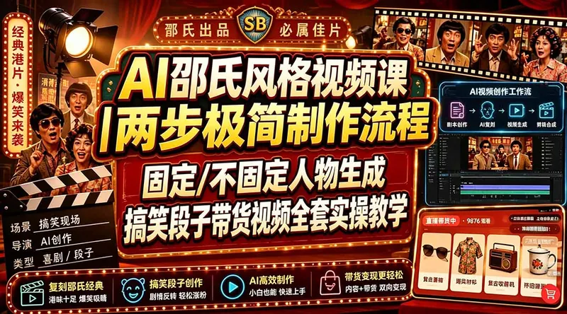 79e72bc97e90e056cf7b81446ccc3398.jpeg AI邵氏风格视频课|两步极简制作流程,固定/不固定人物生成,搞笑段子带货视频全套实操教学