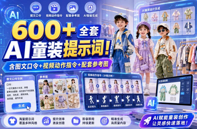 99de3546a282311e0cab617f8b3883a9.jpeg 600+全套AI童装提示词!含图文口令+视频动作指令+配套参考图,Word-Excel规整分类,童装电商、种草无脑量产内容!