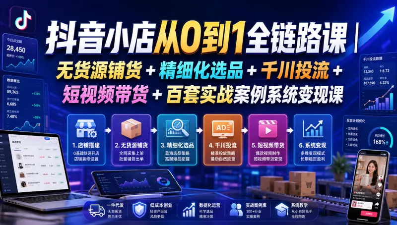 1011cf91f85676ba2b9ffa896d45cca3.jpeg 抖音小店从0到1全链路课|无货源铺货+精细化选品+千川投流+短视频带货+百套实战案例系统变现课(2026年7月更新)