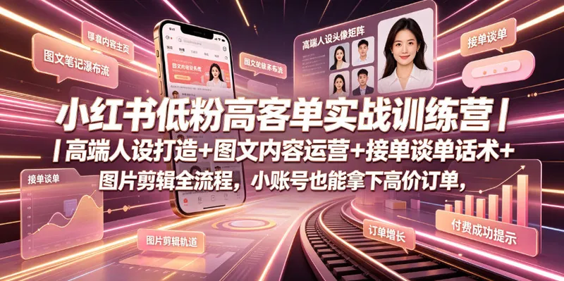 cb70ef4b2c72408e0ba1b815d1dd3267.jpeg 小红书低粉高客单实战训练营|高端人设打造+图文内容运营+接单谈单话术+图片剪辑全流程,小账号也能拿下高价订单