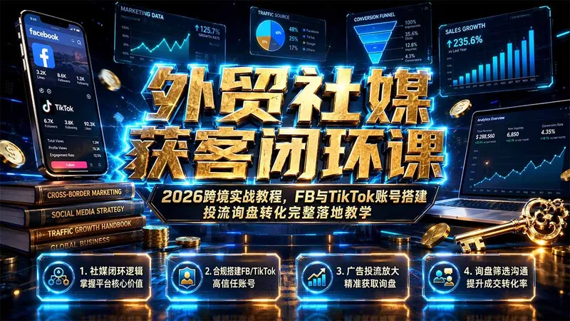 84f527604c26f54e43941a63ecfd1c24.jpeg 外贸社媒获客闭环课|2026跨境实战教程,FB与TikTok账号搭建投流询盘转化完整落地教学