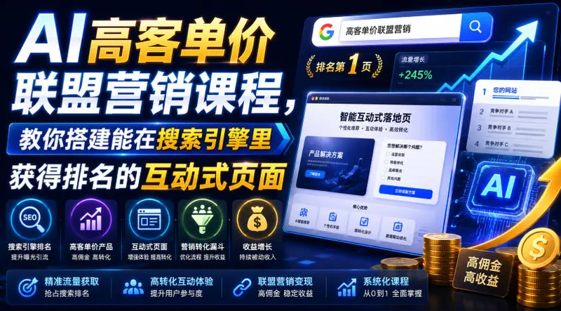 53b0a93a83310c0be54b98430397fe85.jpeg AI高客单价联盟营销课程,教你搭建能在搜索引擎里获得排名的互动式页面,引来流量,把访客转化为高佣金的成交【原创双语字幕】