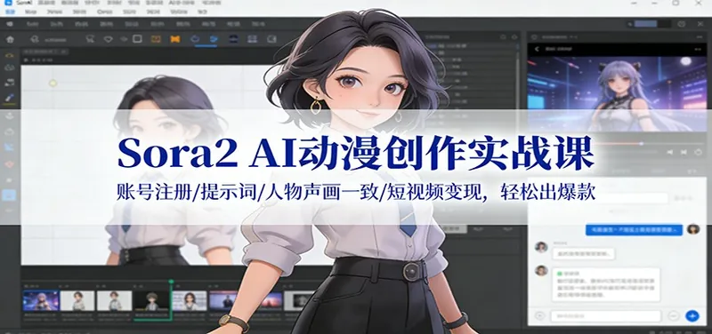 e7389bd52410c45c084e1cc6cb20a847.jpeg Sora2 AI动漫创作实战课:账号注册/提示词/人物声画一致/短视频变现,轻松出爆款