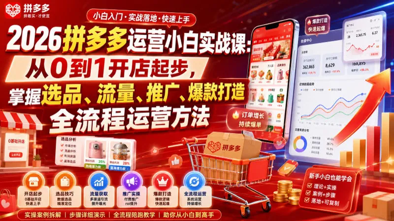 07da077541de577567c296b0e8c370d9.jpeg 2026拼多多运营小白实战课:从0到1开店起步,掌握选品、流量、推广、爆款打造全流程运营方法