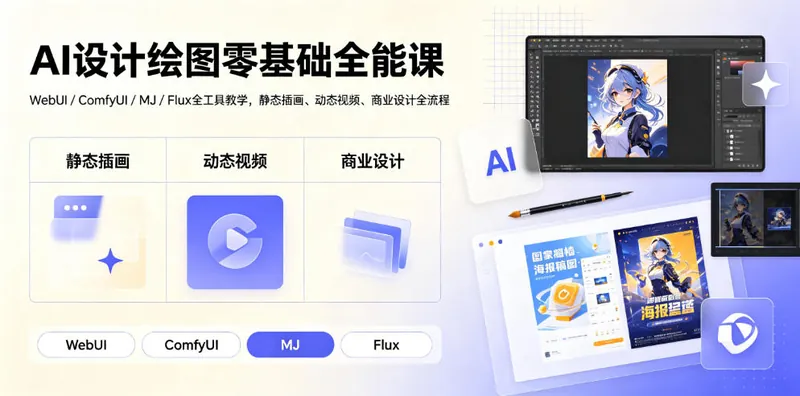 858a6ab400f7abaad599ce75510e4ee7.jpeg AI设计绘图零基础全能课|WebUI/ComfyUI/MJ/Flux全工具教学,静态插画、动态视频、商业设计全流程