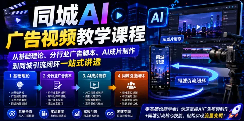 dd23d8e360ad2376a4ed8ed6400e9ce7.jpeg 同城AI广告视频教学课程,从基础理论、分行业广告脚本、AI成片制作到同城引流闭环一站式讲透