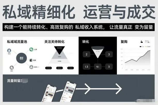 83087ce590fe8564fbb9466e35b3d97a.jpeg 私域精细化运营与成交,构建一个能持续转化、高效复购的私域收入系统,让流量真正变为留量