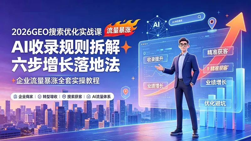 e0a2a6ca3abf6380aee9de57f2bc1c80.jpeg 2026GEO搜索优化实战课:AI收录规则拆解|六步增长落地法|企业流量暴涨全套实操教程