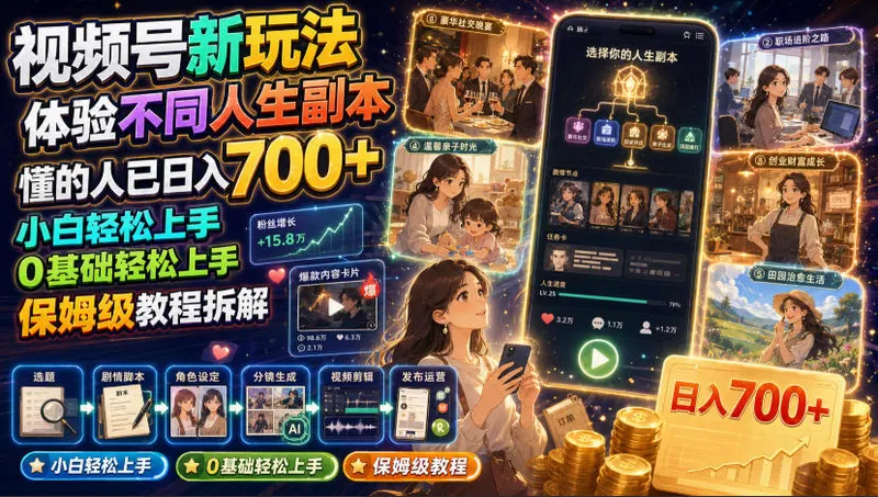 c3fa67dd6b8254335e42b078045724c2.jpeg 视频号新玩法体验不同人生副本,懂的人已日入700+,小白轻松上手,0基础轻松上手,保姆级教程拆解