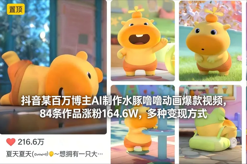 8f926c07c30359bc83b4f2f45485a5de.jpeg 抖音某百万博主AI制作水豚噜噜动画爆款视频,84条作品涨粉164.6W,多种变现方式