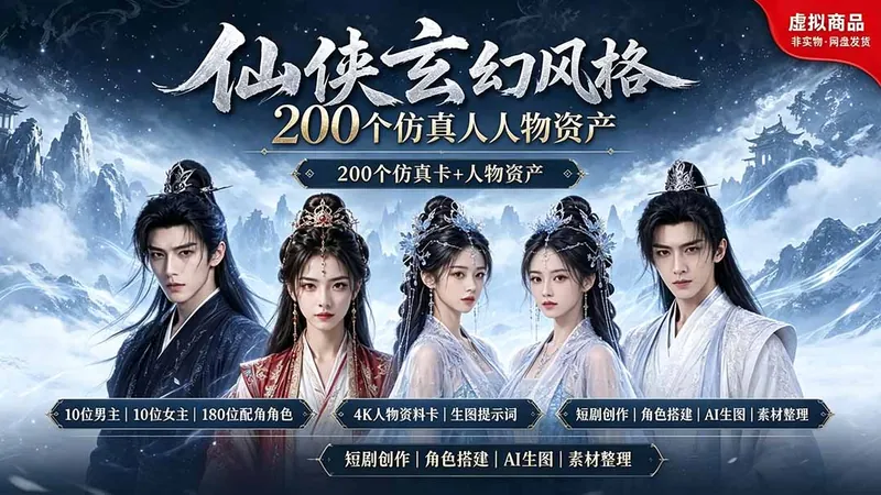 cea24ac9d77dc63412f938b2935a2d7a.jpeg 200个仙侠玄幻仿真人素材◆10男主×10女主×180配角,4K资料卡+AI生图提示词,漫剧必备