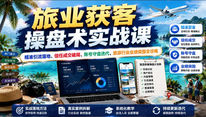 8660692b985ea11fc43f775f34ebe5e8.jpeg 旅业获客操盘术实战课|精准引流落地、信任成交破局、账号守盘迭代、旅游行业业绩突围全攻略