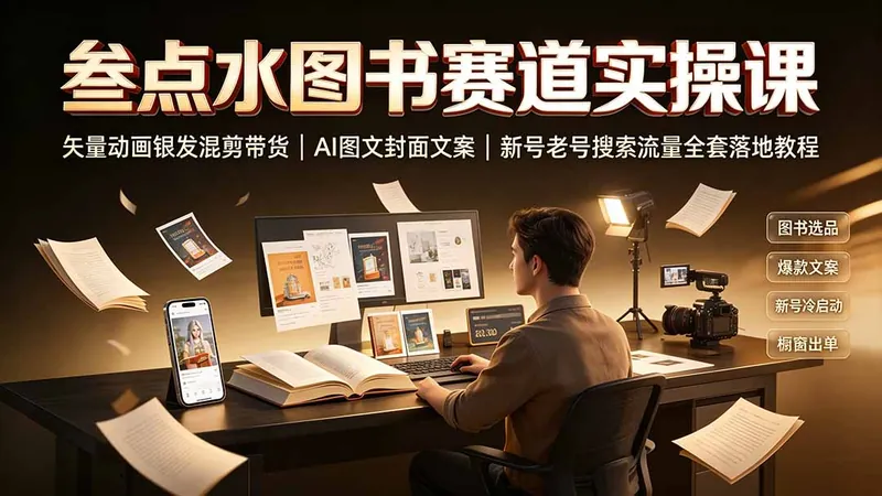 叁点水图书赛道实操课｜矢量动画银发混剪带货，AI图文封面文案，新号老号搜索流量全套落地教程