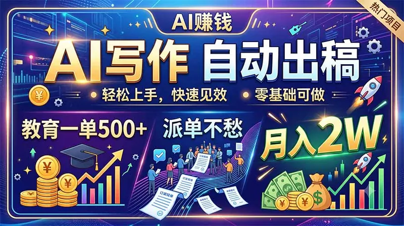 AI写作自动出稿，教育一单500+，派单不愁，月入2W
