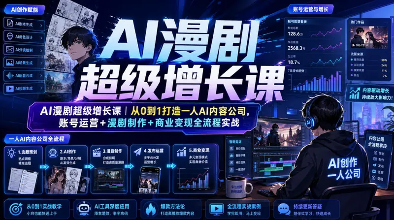 d79dbcccf69efe56519e9a2c108c0d73.jpeg AI漫剧超级增长课|从0到1打造一人AI内容公司,账号运营+漫剧制作+商业变现全流程实战