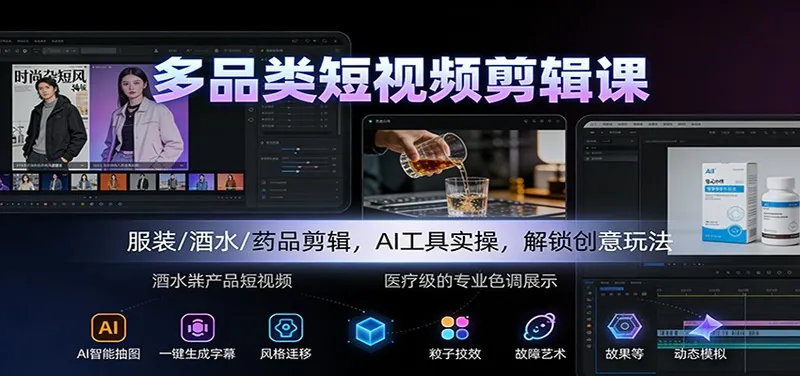 17267b6282ce9c8ce4781661285e2180.jpeg 多品类短视频剪辑课:服装/酒水/药品剪辑,AI工具实操,解锁创意玩法