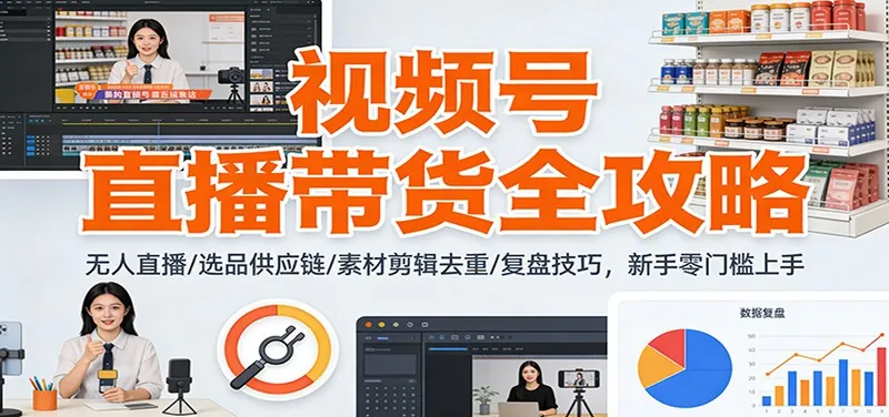 视频号直播带货全攻略：无人直播/选品供应链/素材剪辑去重/复盘技巧，零门槛上手