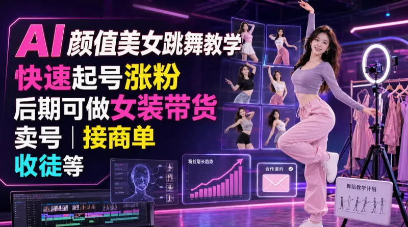 AI颜值美女跳舞教学，快速起号涨粉，后期可做女装带货，卖号，接商单，收徒等