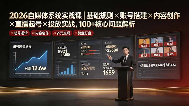 bbad8bfb801a46e37b0351b114470fee.jpeg 2026自媒体系统实战课|基础规则×账号搭建×内容创作×直播起号×投放实战,100+核心问题解析