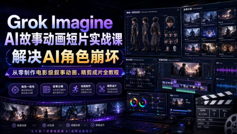 fc9c479ed46f5d878c8852e779a24b09.jpeg Grok Imagine AI故事动画短片实战课|解决AI角色崩坏,从零制作电影级叙事动画、精剪成片全教程(中英字幕)