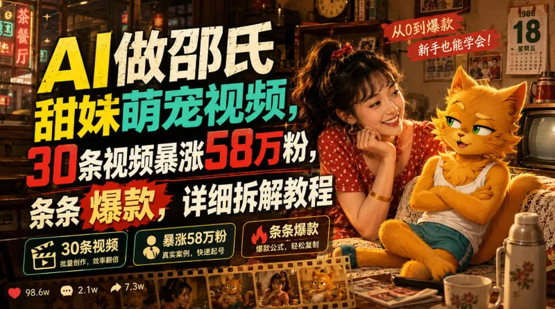 7f1eafd1d024994a79da1dc9a43e1e71.jpeg AI做邵氏甜妹萌宠视频,30条视频暴涨58万粉,条条爆款,详细拆解教程