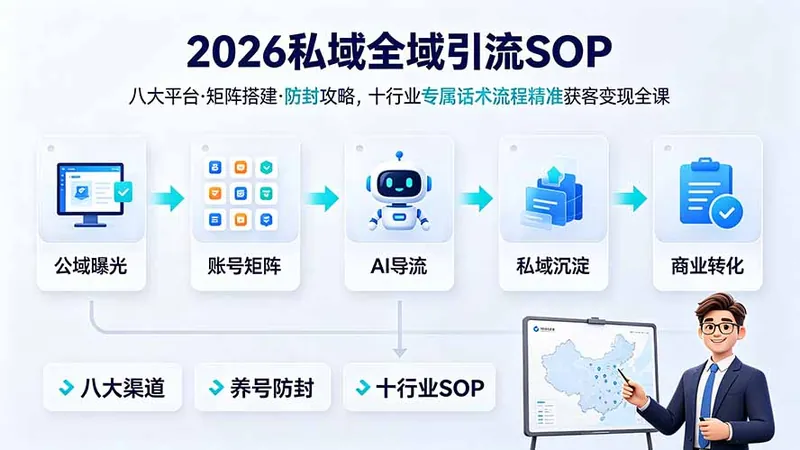 bb16f4c6e5184d96dbf866f66065350a.jpeg 2026私域全域引流SOP|八大平台·矩阵搭建·防封攻略,十行业专属话术流程精准获客变现全课