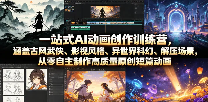 6bf4b0f56b73075f0f9c4a0ebf26502e.jpeg 一站式AI动画创作训练营,涵盖古风武侠、影视风格、异世界科幻、解压场景,从零自主制作高质量原创短篇动画
