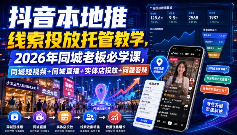 抖音本地推线索投放托管教学，2026年同城老板必学课，同城短视频+同城直播+实体店投放+问题答疑