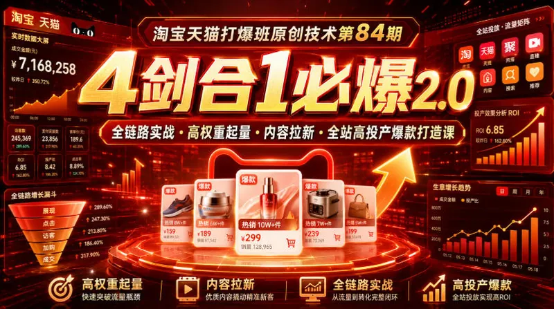 07590a9287f76f7dc621f24dc2d84d88.jpeg 淘宝天猫打爆班原创技术第84期|4剑合1必爆2.0全链路实战・高权重起量・内容拉新・全站高投产爆款打造课