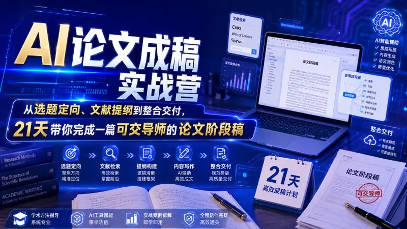 7e2ab7e29f69bfb7bf2f97af2317c8a4.jpeg AI论文成稿实战营,从选题定向、文献提纲到整合交付,21天带你完成一篇可交导师的论文阶段稿