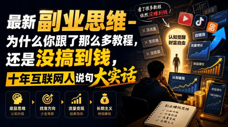 63e13796fba81af40d5d7861196349b4.jpeg 最新副业思维-为什么你跟了那么多教程,还是没搞到钱,十年互联网人说句大实话【揭秘】