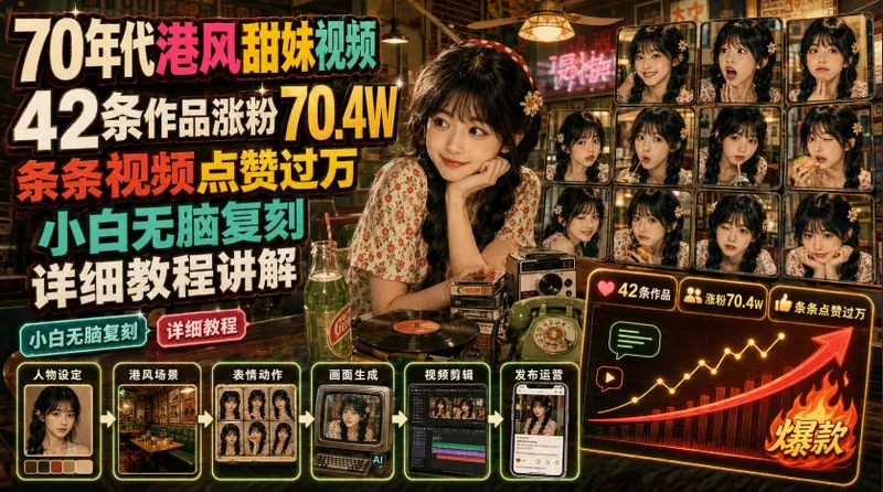 6fc3f73e85e399d53a26fb2e8241614d.jpeg 70年代港风甜妹视频,42条作品涨粉70.4W,条条视频点赞过万,小白无脑复刻,详细教程讲解