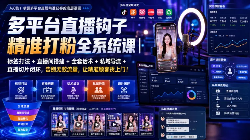 49115d9bc262f213df867b2dc030d2a9.jpeg 多平台直播钩子精准打粉全系统课|标签打法+直播间搭建+全套话术+私域导流+直播切片闭环,告别无效流量,让精准顾客找上门!