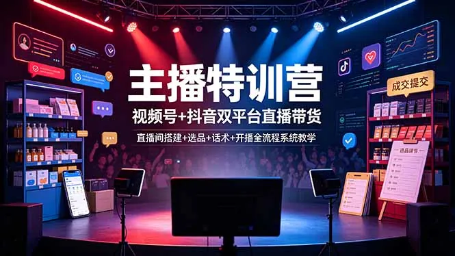 359c331e8723e9b26393644fdc10800e.jpeg 主播特训营:视频号+抖音双平台直播带货,直播间搭建+选品+话术+开播全流程系统教学