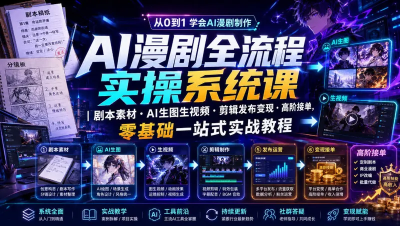 8bff890c0f091657afe5c469536844d9.jpeg AI漫剧全流程实操系统课|剧本素材・AI生图生视频・剪辑发布变现・高阶接单,零基础一站式实战教程