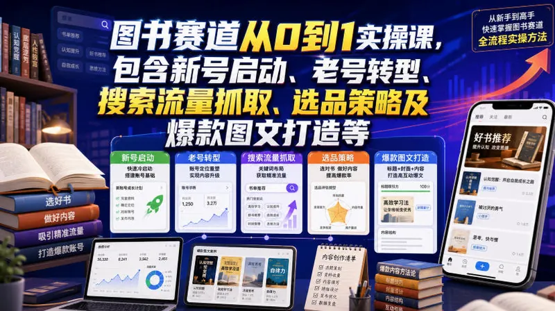 cc3c485e19c6e62cb67449f5274a9bef.jpeg 图书赛道从0到1实操课,包含新号启动、老号转型、搜索流量抓取、选品策略及爆款图文打造等