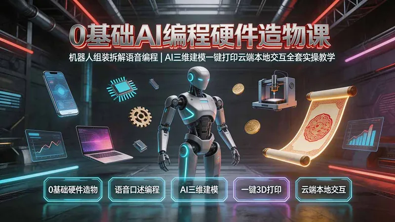 51e678d5114bb8d68d551a56dea3f6c3.jpeg 0基础AI编程硬件造物课|机器人组装拆解语音编程,AI三维建模一键打印云端本地交互全套实操教学