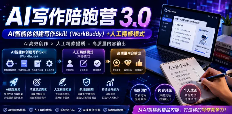 d0253bfbdfb27995af5e42946e381f79.jpeg AI写作陪跑营3.0,Ai智能体创建写作skill(workbuddy)+人工手写模式(手搓模式),去除AI痕迹(头条号、公众号、百家号)(更新0730)