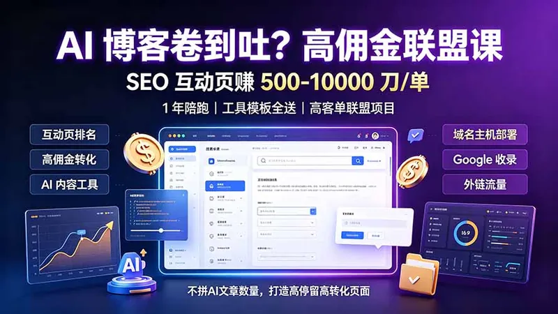 afef385c3d7777146c24778fc426e971.jpeg AI 博客卷到吐?高佣金联盟课:SEO 互动页赚 500-10000 刀 单,1 年陪跑 + 工具模板全送