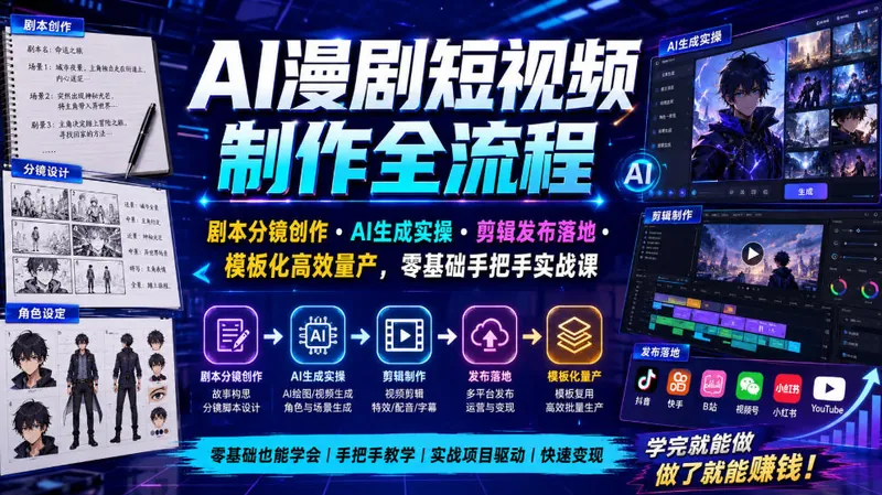 7ee338417b52c1d87f09a1111251c6dd.jpeg AI漫剧短视频制作全流程|剧本分镜创作・AI生成实操・剪辑发布落地・模板化高效量产,零基础手把手实战课