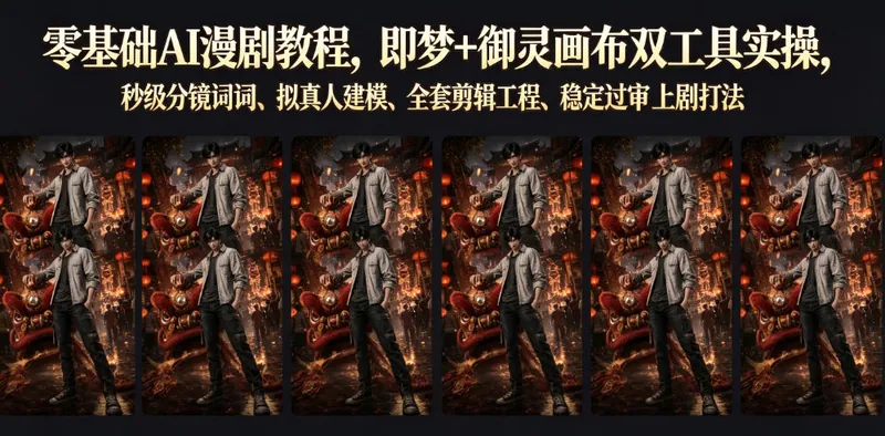 零基础AI漫剧教程，即梦+御灵画布双工具实操，秒级分镜提示词、拟真人建模、全套剪辑工程、稳定过审上剧打法