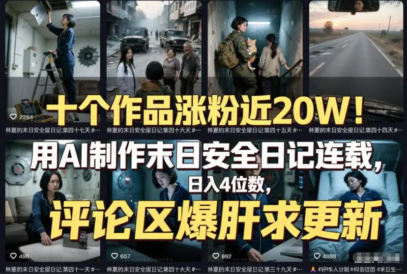 164b366169c1aa721a4b0fb439625db7.jpeg 十个作品涨粉近20W!用AI制作末日安全日记连载,日入4位数,评论区爆肝求更新(附详细步骤)