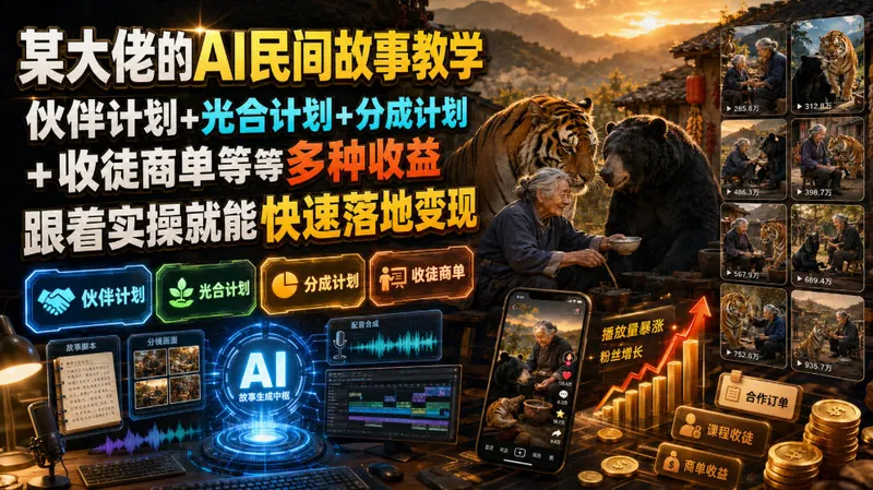 d76cafa0099e23557d3e5ca9dfbee7ab.jpeg 某大佬的AI民间故事教学,伙伴计划+光合计划+分成计划+收徒商单等多种收益,跟着实操就能快速落地变现