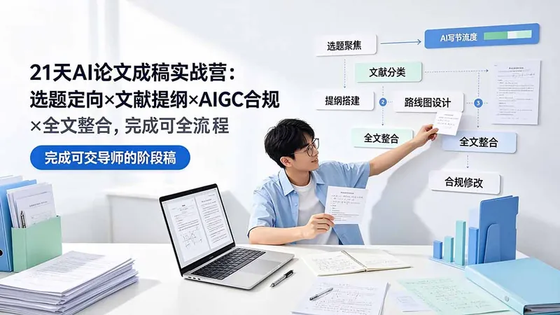 ee88cf0e2f0cfe0279448d46d2b547c2.jpeg 21天AI论文成稿实战营:选题定向×文献提纲×AIGC合规×全文整合,完成可交导师的阶段稿