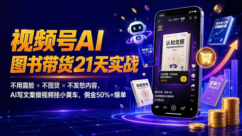 4181ad5dfd4f43e34d2b8d67558cb250.jpeg 繁花视频号AI图书带货21天实战:不用露脸×不囤货×不发愁内容,AI写文案做视频挂小黄车,佣金50%+爆单