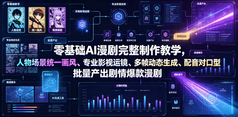 be9bcf9c8f3f1dd035ccd51a321ff39f.jpeg 零基础AI漫剧完整制作教学,人物场景统一画风、专业影视运镜、多帧动态生成、配音对口型,批量产出剧情爆款漫剧