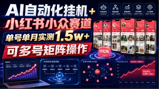 ee98aace6d6882a65f76e5fd90b4a5e2.jpeg AI自动化挂G+小红书小众赛道,单号单月实测1.5w+,可多号矩阵操作【揭秘】