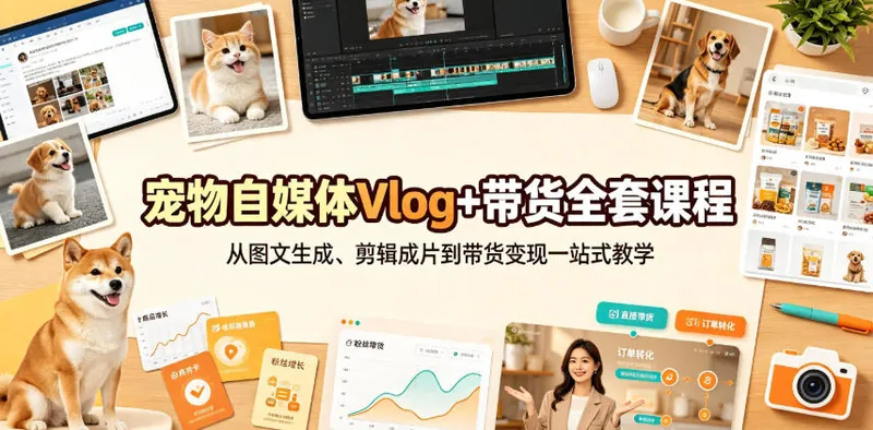 宠物自媒体Vlog+带货全套课程｜从图文生成、剪辑成片到带货变现一站式教学