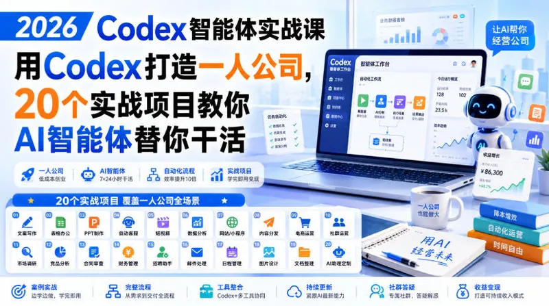 5b476fcaf672746b98d092715fa395e3.jpeg 2026 Codex智能体实战课,用Codex打造一人公司,20个实战项目教你AI智能体替你干活