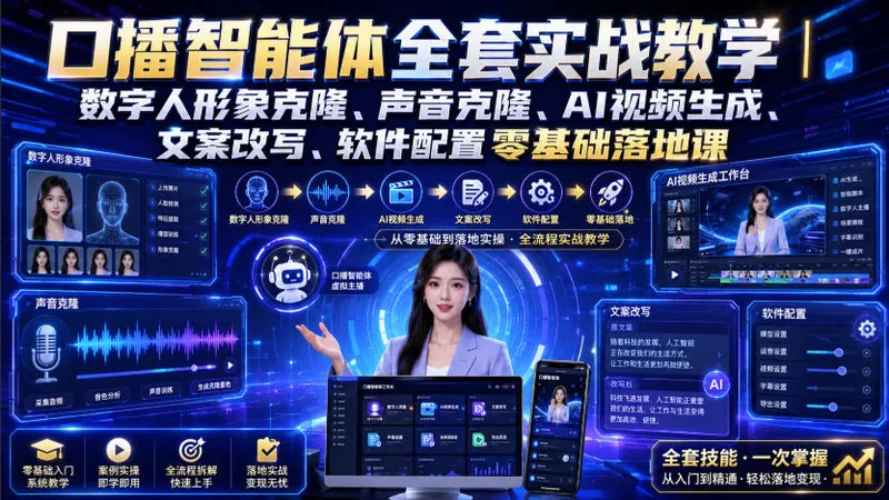 口播智能体全套实战教学｜数字人形象克隆、声音克隆、AI视频生成、文案改写、软件配置零基础落地课